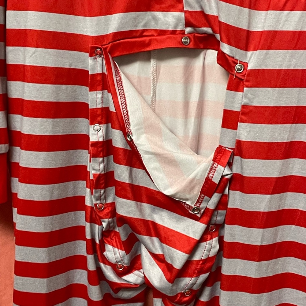 Retro Red and White Striped Adult Onesie with Peek-a-Boo Bottom - Picture 3 of 7